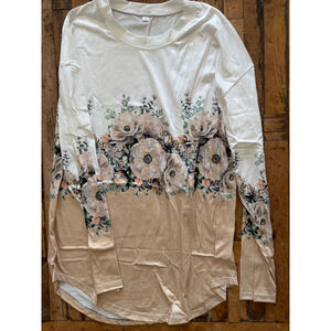 Women's Long Sleeve Tee M White Beige Floral